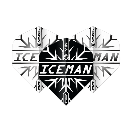 Das Bild zeigt Dart-Flights in einem Yin-Yang-Design in Schwarz und Weiß mit dem Schriftzug "ICEMAN" in der Mitte. Das Muster erinnert an Eiskristalle und trägt das Markenlogo "Red Dragon".