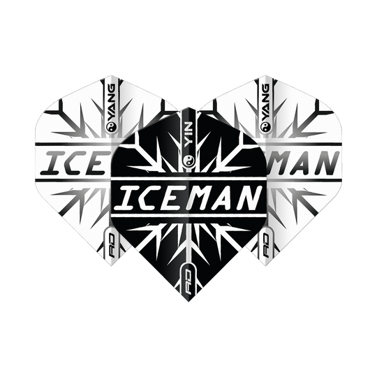 Red Dragon Gerwyn Prijs IJsman Zwart Wit Yin Yang Standaardvluchten Das Bild zeigt Dart-Flights in einem Yin-Yang-Design in Schwarz und Weiß mit dem Schriftzug "ICEMAN" in der Mitte. Das Muster erinnert an Eiskristalle und trägt das Markenlogo "Red Dragon".