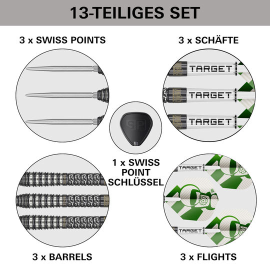 Target Charlie Manby Swiss Points stalen dartpijlen Das Bild zeigt die Target Charlie Manby Swiss Points Steeldarts. Sie eignen sich für professionelle Dartspieler.