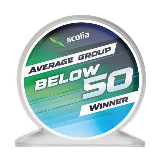 Abgebildet ist ein Acrylglas-Pokal mit der Aufschrift "SCOPO-B50 Scolia". Der Pokal ist für einen Average unter 50 bestimmt.