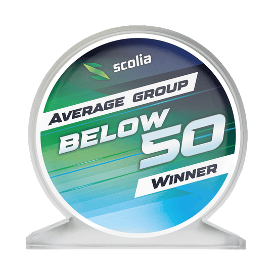 Scolia Acrylglas Trofee - Winnaar Abgebildet ist ein Acrylglas-Pokal mit der Aufschrift "SCOPO-B50 Scolia". Der Pokal ist für einen Average unter 50 bestimmt.