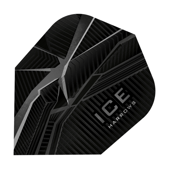 Dies ist ein Harrows Ice Recut Standard Flight für Darts. Das Flight ist schwarz mit silbernen Linien und dem weißen Aufdruck "ICE Harrows".