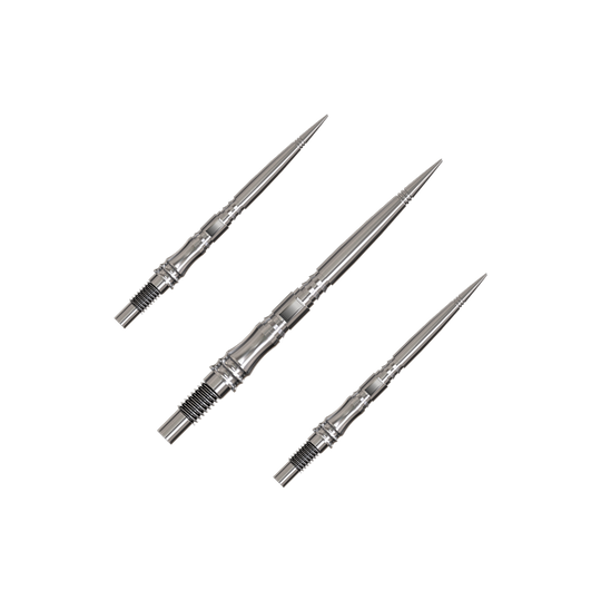 Apex Axis Silver Elite Serie Dartspitzen in 30mm werden gezeigt. Sie sind silber und schlank.