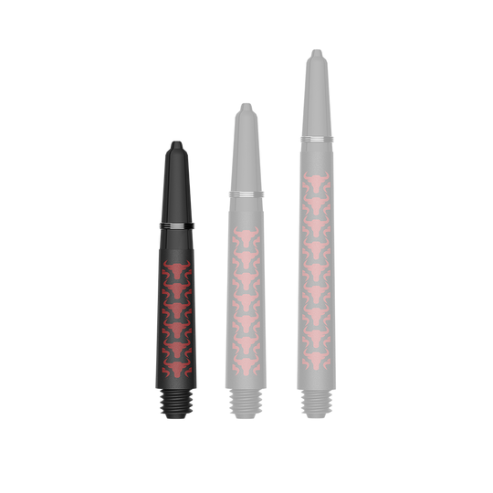 Bulls NL Capo Carbon shafts - Rood Zu sehen ist ein Dartzubehör, speziell eine Capo Carbon Shaft in Rot und kurzer Ausführung mit 34mm Länge. Das Produkt dient vermutlich als Teil eines Dartpfeils.