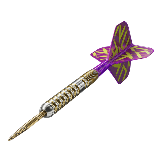 Target Luke Littler GEN1 Prodigy Swiss Point Steel Darts Das Bild zeigt einen Target Luke Littler GEN1 Prodigy Swiss Point Steeldart. Der Dart hat einen gold-silbernen Schaft und lila Flights mit gelbem Muster.