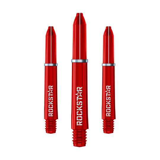 Winmau Joe Cullen Rockstar Nylon-schachten Auf dem Bild sind drei rote Nylon-Dartschäfte mit der Aufschrift "ROCKSTAR" zu sehen. Sie haben silberne Ringe und sind nebeneinander angeordnet.