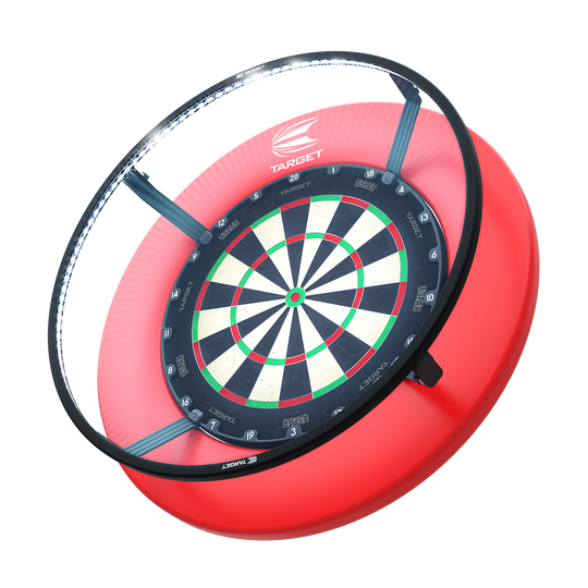 Target CORONA Vision LED-dartbordverlichtingssysteem Das Bild zeigt das Produkt „Target CORONA Vision LED Dartboard Lighting System“. Es handelt sich um eine runde LED-Beleuchtung, die um eine Dartscheibe angebracht ist.