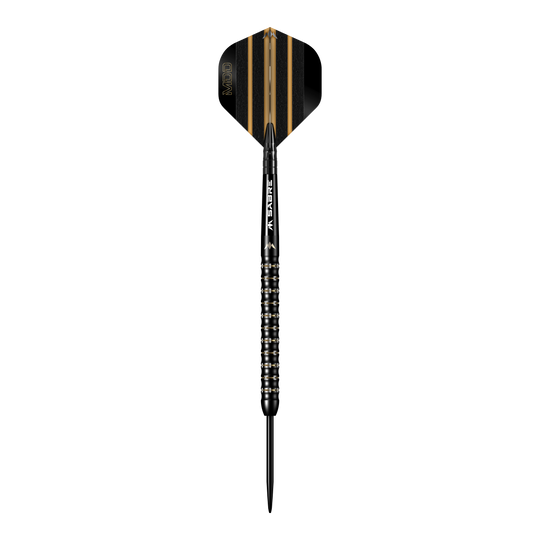 Mission Mike De Decker MDD Black Gold Steeldarts Das Bild zeigt einen schwarzen Steeldart mit goldenen Akzenten aus der Serie "Mission Mike De Decker MDD Black Gold". Der Dart hat ein modernes Design mit fein geriffeltem Griff und einer schwarz-goldenen Flight.