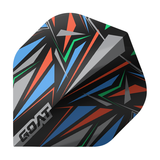 GOAT Athlete Black No2 Standaard Vluchten Das Bild zeigt das Produkt "GOAT Athlete Black No2 Standard Flights". Es hat ein auffälliges, geometrisches Muster in Schwarz mit blauen, roten, grünen und grauen Akzenten.