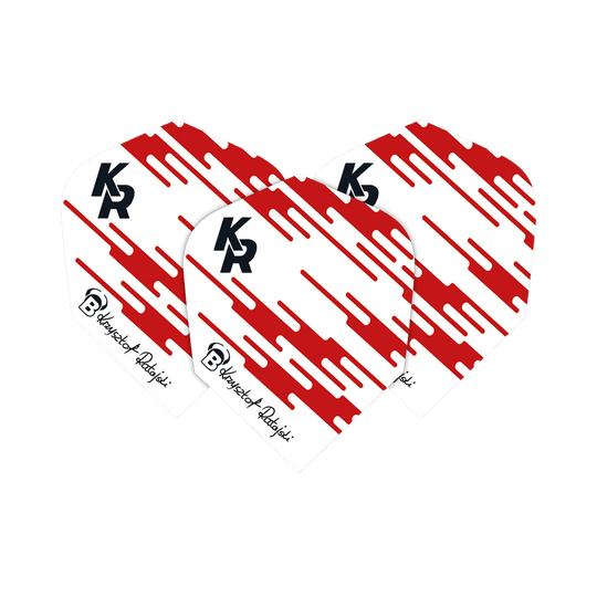 Das Bild zeigt drei Dart-Flights des Modells "Bulls X-Powerflite Krzysztof Ratajski No2 Standard Flights". Die Flights sind weiß mit roten Mustern und tragen die Initialen "KR" sowie die Unterschrift von Krzysztof Ratajski.