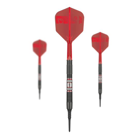Target Gabriel Clemens 95K zachte darts - 19g Das Bild zeigt drei Softdarts des Modells "Target Gabriel Clemens 95K Softdarts - 19g". Die Darts haben rote Flights und einen silber-schwarzen Barrel mit markanten Rillen.