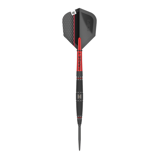 Target Scope 04 Swiss Point stalen darts Dies ist der Target Scope 04 Swiss Point Steeldart. Er hat ein modernes Design mit schwarzen und roten Akzenten.