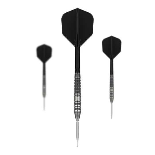 Target Japan Black Marque Lumiere GEN3 stalen darts Das Bild zeigt drei Steeldarts mit schwarzen Flights und silbernen Spitzen. Es handelt sich um das Produkt "Target Japan Black Marque Lumiere GEN3 Steeldarts".