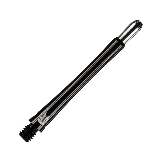 146210_Target_Grip_Style_Aluminium_Shafts_Schwarz_485mm_2 Das Bild zeigt einen schwarzen Aluminium-Dartshaft mit Gewinde. Das schlanke Design sorgt für einen sicheren Halt und eine elegante Optik.