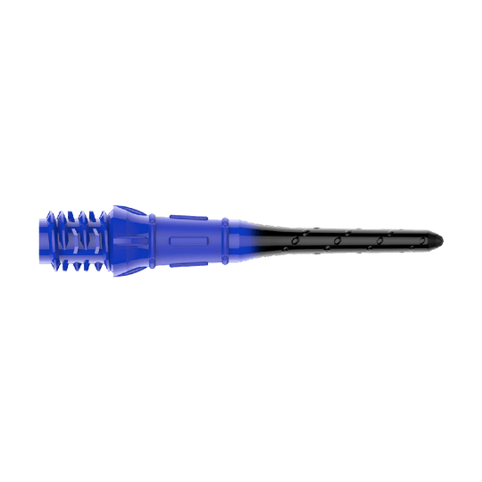 L-Style Premium Lippoint Gradiation Dart Tips (verpakking van 30) Die Abbildung zeigt eine Dartspitze in den Farben Blau und Schwarz. Sie hat ein Schraubgewinde auf der linken Seite und läuft nach rechts spitz zu.