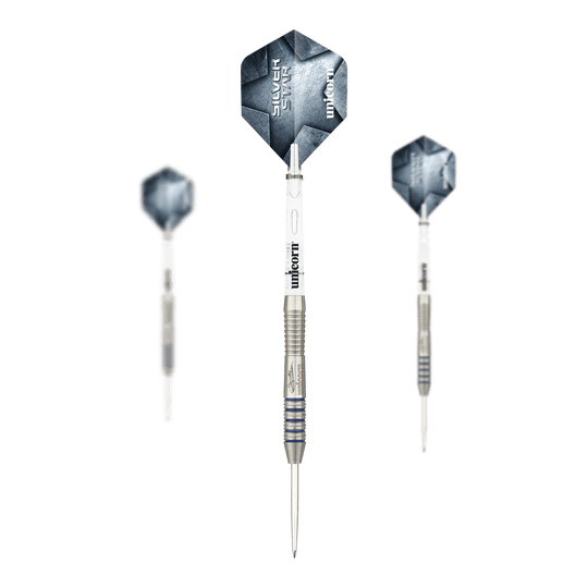Unicorn Silver Star Var.3 Gary Anderson stalen dartpijlen Zu sehen ist ein Set der Unicorn Silver Star Var.3 Gary Anderson Steeldarts. Die Darts liegen komplett nebeneinander und sind gut sichtbar.