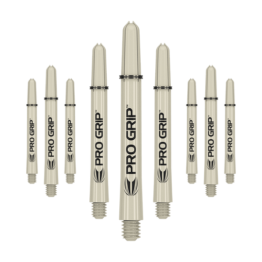 Target Pro Grip Shafts - 3 sets - Zand Das Bild zeigt neun beige Dartschäfte mit der Aufschrift "PRO GRIP". Sie sind in drei Reihen angeordnet und haben am Ende ein Schraubgewinde.