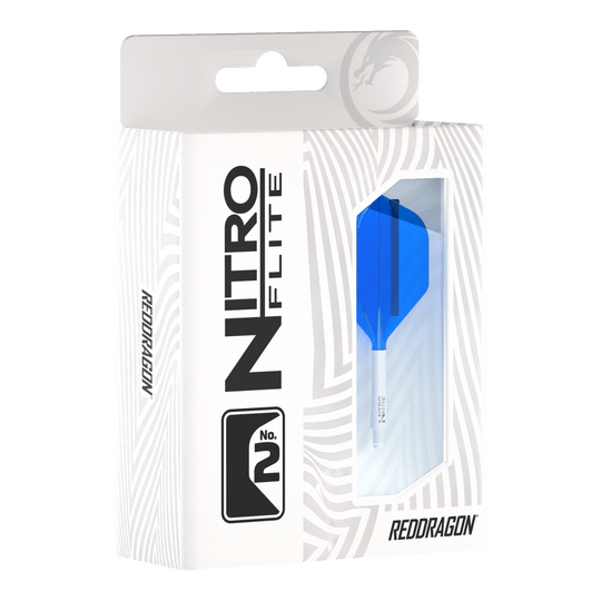 Red Dragon Nitroflite - Witte Schacht Blauwe No2 Vluchten Die Abbildung zeigt eine Packung Red Dragon Nitroflite mit einem weißen Schaft und blauen No2-Flights. Die Verpackung ist überwiegend weiß mit einem Sichtfenster, durch das der blaue Flight zu sehen ist.