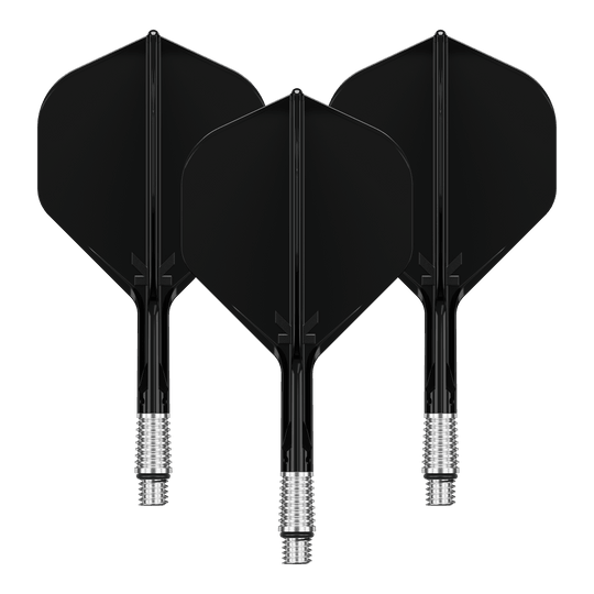 Ein Dart-Flight in schwarzer Farbe, etwa 26 mm groß. Das Produktbild zeigt die Standardform des Dart-Flights.