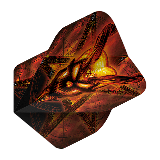 Alchemy Burning Temple No2 Standaardvluchten Das Bild zeigt das Produkt „Alchemy Burning Temple No2 Standard Flights“. Es hat ein auffälliges, feuriges Design mit einem brennenden Motiv und mystischen Symbolen.
