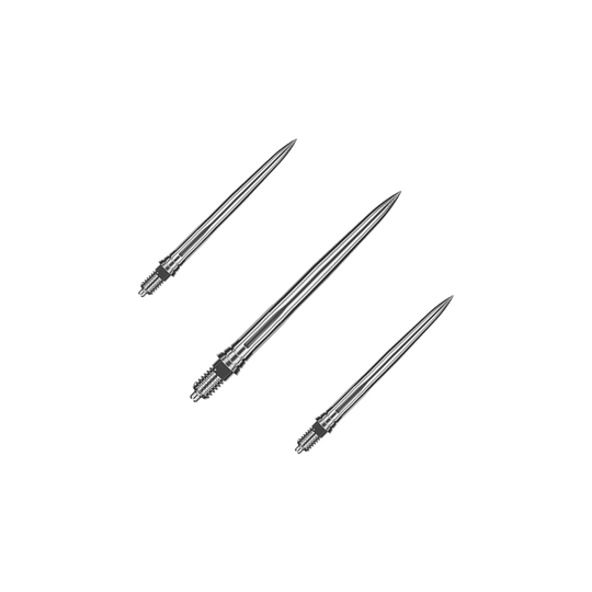 Caliburn EZ-EVO dartpunten - Glad - Zilver Das Bild zeigt ein Set aus glatten silbernen Dartspitzen. Die Spitzen sind ordentlich nebeneinander angeordnet.