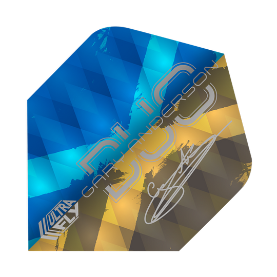 Unicorn Ultrafly 100 Gary Anderson Duo Plus-vluchten Das Bild zeigt ein Dart-Flight der Marke Unicorn Ultrafly 100 Gary Anderson Duo Plus. Das Flight hat ein Muster in Blau, Gelb und Braun und trägt die Unterschrift von Gary Anderson.