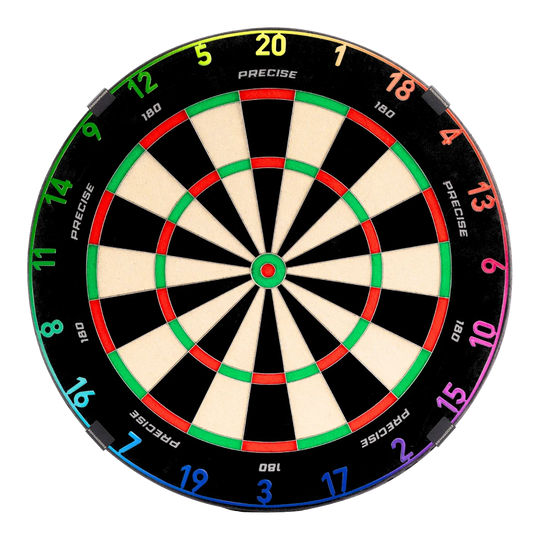 Zu sehen ist das Precise 180 Endorphine Steeldartboard mit Nummernring – Spectrum. Das Dartboard ist frontal abgebildet.