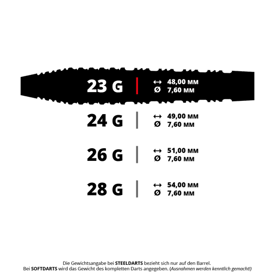 Shot Alchemy Runstel stalen pijlen Dieses Bild zeigt einen Shot Alchemy Runstel Steeldart mit einem Gewicht von 23 Gramm. Es ist ein professioneller Dartpfeil für Steeldart-Spieler.