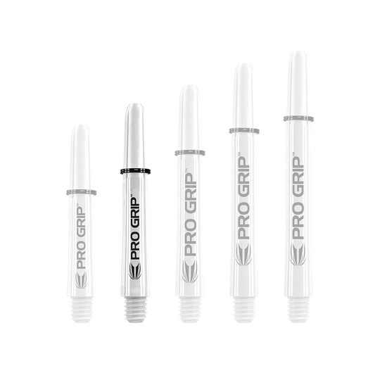 Target Pro Grip Shafts - 3 sets - Wit Auf dem Bild sind fünf weiße Dart-Schäfte in verschiedenen Längen zu sehen. Sie tragen alle die Aufschrift "PRO GRIP".