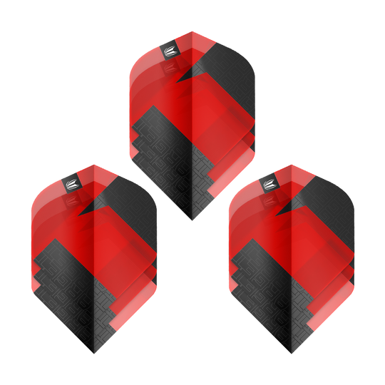 Das Bild zeigt drei Sets der Target Pro Ultra TAG Rot No2 Standard Flights. Die Flights sind rot und schwarz mit einem modernen, geometrischen Muster gestaltet.
