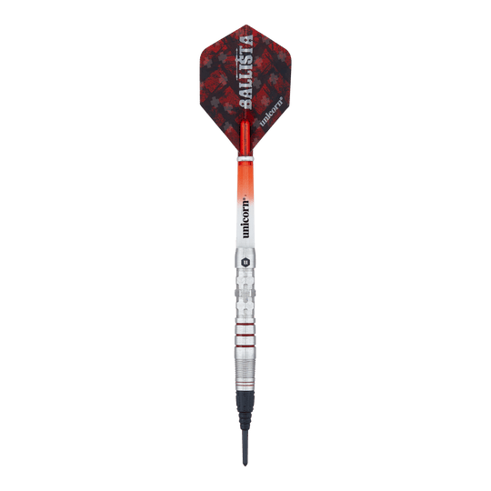Unicorn Ballista Style 3 zachte darts Das Bild zeigt einen Softdart der Marke "Unicorn Ballista Style 3". Der Dart hat eine silberne Spitze, ein rot-schwarzes Flight und einen metallischen Schaft mit roten Akzenten.