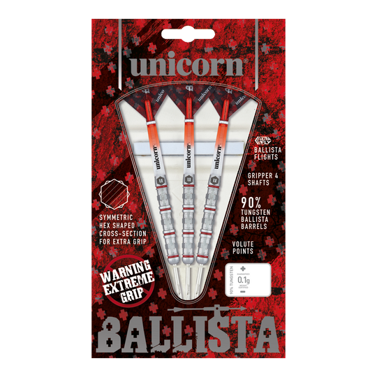 Unicorn Ballista Style 4 stalen darts Auf dem Bild ist das Produkt "Unicorn Ballista Style 4 Steeldarts" zu sehen. Die Verpackung zeigt drei Steeldarts mit auffälligem Design und betont ihre hohe Griffigkeit und den 90%igen Wolframanteil.