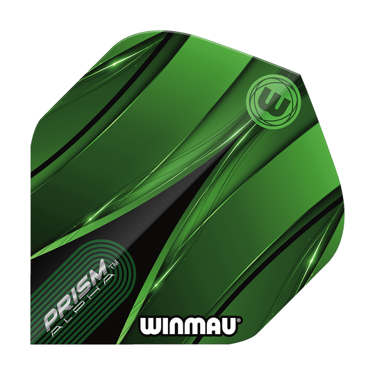 Winmau Alpha Sniper Green Standaardvluchten Das Bild zeigt ein Winmau Alpha Sniper Green Standard Flight für Darts. Das Flight ist überwiegend grün mit schwarzen und weißen Designelementen und trägt die Aufschriften "PRISM ALPHA" und "WINMAU".