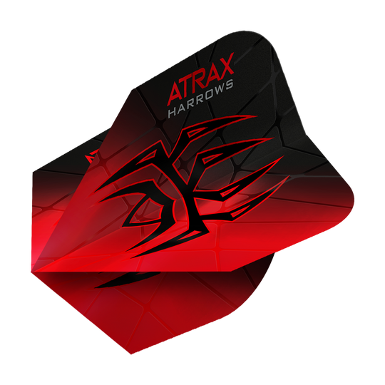 Harrow's Atrax Prime No6-vluchten Das Bild zeigt das Produkt "Harrows Atrax Prime No6 Flights". Die Dartflight ist rot und schwarz mit einem markanten, grafischen Muster und dem Schriftzug "ATRAX HARROWS".