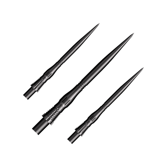 Shot Cone Scallop Steel Dart Tips - Zwart - 35mm Das Bild zeigt drei schwarze Steeldart-Spitzen des Modells "Shot Cone Scallop" mit einer Länge von 35 mm. Sie sind lang, schmal und haben ein markantes, geriffeltes Design am Schaft.