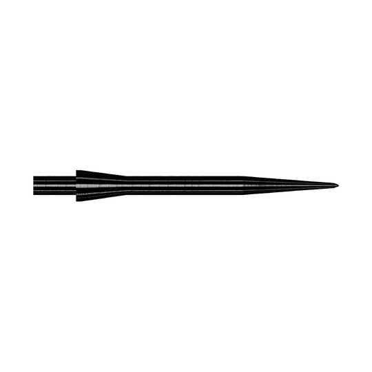 Winmau Velocity Black stalen dartpunten - 30 mm Das Bild zeigt eine schwarze Steeldartspitze des Modells Winmau Velocity mit einer Länge von 30 mm. Die Spitze ist schmal, gerade und aus Metall gefertigt.