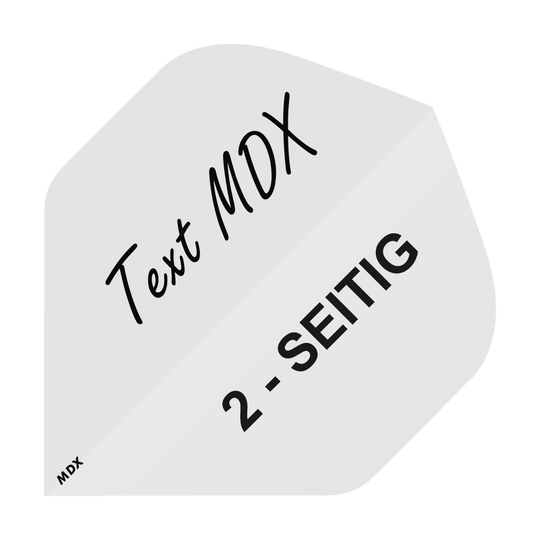 MD-401_2-Seitig_Bedruckte_Flights_Wunschtext_MDX_Weiss_Standard_1 Das Bild zeigt ein weißes, pfeilförmiges Dartflugblatt mit schwarzer Aufschrift. Darauf steht "Text MDX" und "2-SEITIG".