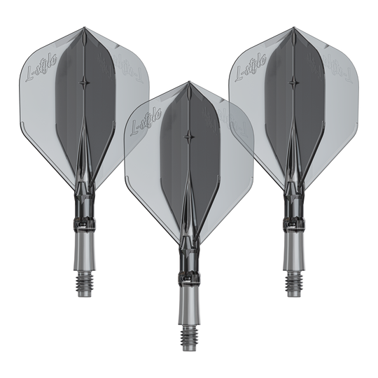 L-vormige L-systeem flights - transparant zwart Das Bild zeigt ein Produkt mit dem Namen LS1062_LStyle_L-System_Flights_ClearBlack_Small_190_1Set. Es handelt sich um ein Dartzubehör.