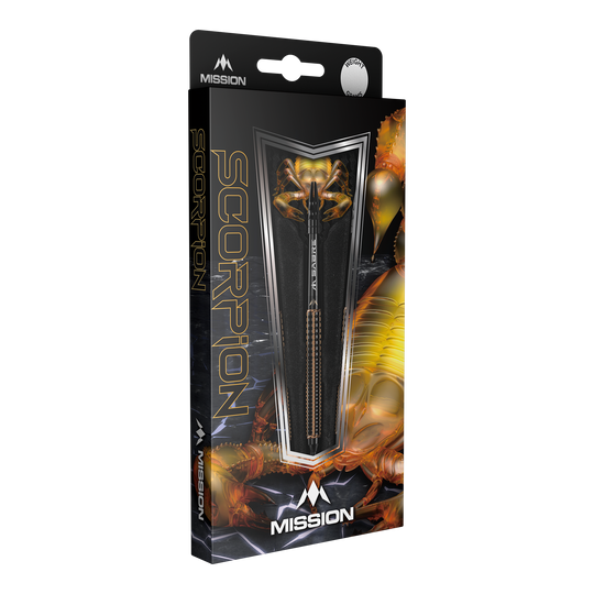Mission Scorpion zachte dartpijlen - 19g Die Abbildung zeigt die Verpackung der "Mission Scorpion Softdarts - 19g". Das Design ist schwarz-gold mit einem Skorpionmotiv und zeigt einen Dartpfeil in der Mitte.