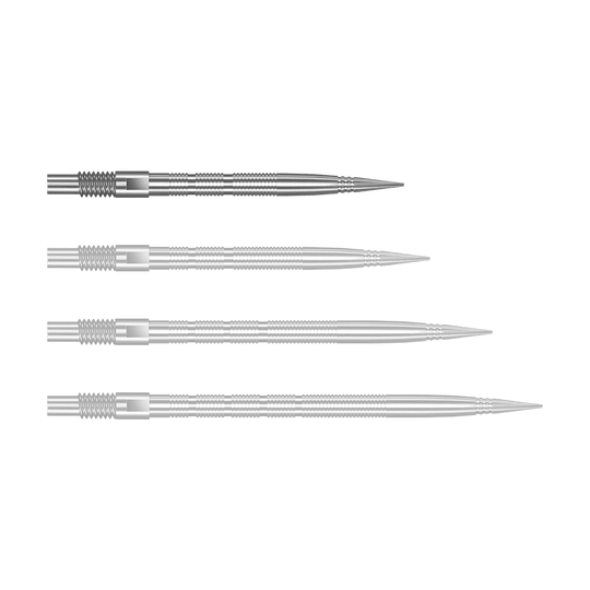 Harrows Quick Point Micro Ridge Dart Tips - Zilver Silberne Harrows Quick Point MicroRidge Dartspitzen mit 26 mm Länge werden dargestellt. Die Spitzen liegen einzeln auf einer hellen Oberfläche.