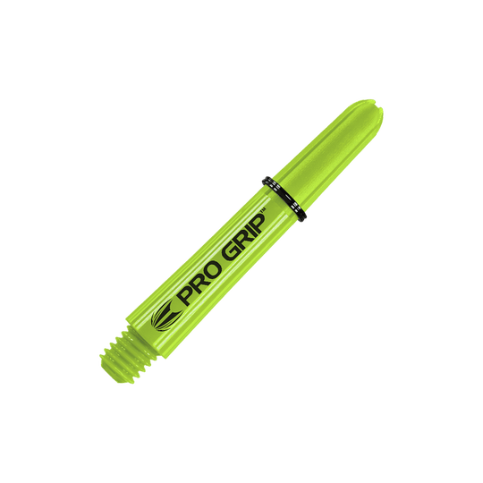 Target Pro Grip Shafts - 3 sets - Limoengroen Das Bild zeigt einen limegrünen Dartshaft mit der Aufschrift "PRO GRIP". Der Schaft hat ein Schraubgewinde an einem Ende und ist 34 mm lang.