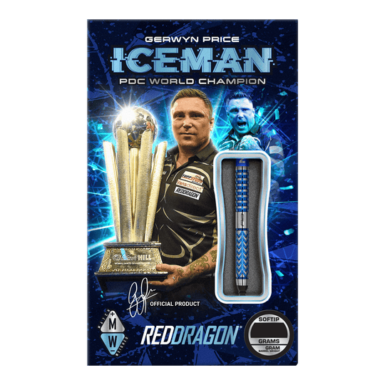 Das Bild zeigt die Verpackung der "Red Dragon Gerwyn Price Glacier Softdarts - 18g". Auf der Verpackung ist ein Dartspieler mit einem Pokal und einem einzelnen Softdart abgebildet.