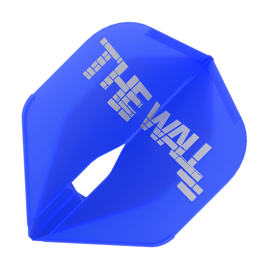 L-Style Martin Schindler Blue L1PRO Vluchten Das Bild zeigt ein blaues Dartflight mit der Aufschrift "THE WALL". Es handelt sich um das Modell "L-Style Martin Schindler Blau L1PRO Flights".