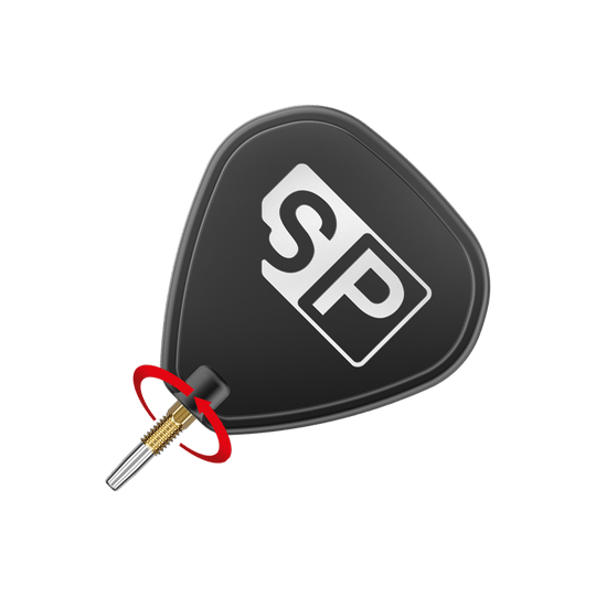 Target Swiss Point Chrono Dartpunten - Goud Das Bild zeigt eine schwarze Dartspitze mit den weißen Buchstaben "SP" darauf. Ein roter Pfeil deutet auf eine Drehbewegung an der goldenen Schraubverbindung hin.