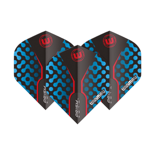 Das Bild zeigt die Winmau Prism Zeta BlueRed Standard Flights. Die Flights sind schwarz mit blauen und roten Akzenten sowie dem Winmau-Logo.