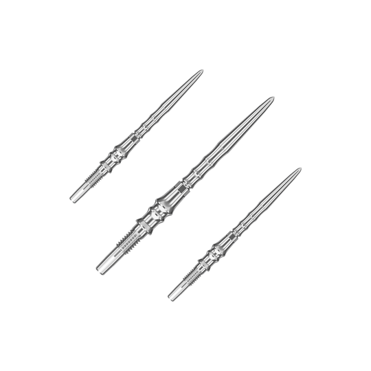 Target Japan Premium Swiss Point Dart Tips - Zilver Ein Set silberner SwissPoint-Dartspitzen mit einer Länge von 30 mm ist abgebildet. Die Dartspitzen sind für den Einsatz mit Target Japan Premium geeignet.