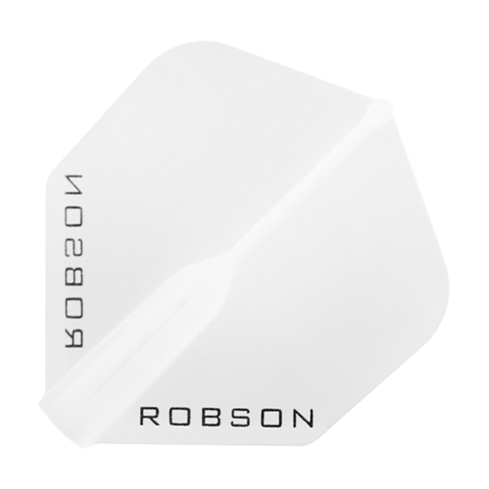 Robson Plus Standard Flights Das Bild zeigt einen klaren, sechseckigen Dartflight mit dem Schriftzug "ROBSON" in schwarzer Farbe. Das Design ist schlicht und durchsichtig gehalten.