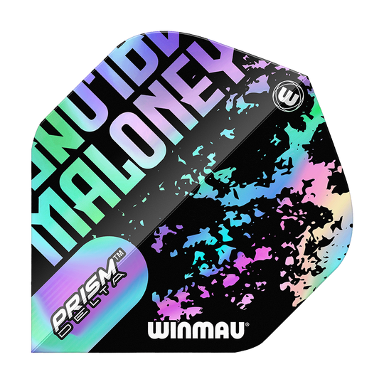 Winmau Prism Delta Mike Maloney Standaardvluchten Das Bild zeigt ein Winmau Prism Delta Mike Maloney Standard Flight für Darts. Das Flight hat ein auffälliges, buntes Design mit dem Namen "Maloney" und dem Winmau-Logo.
