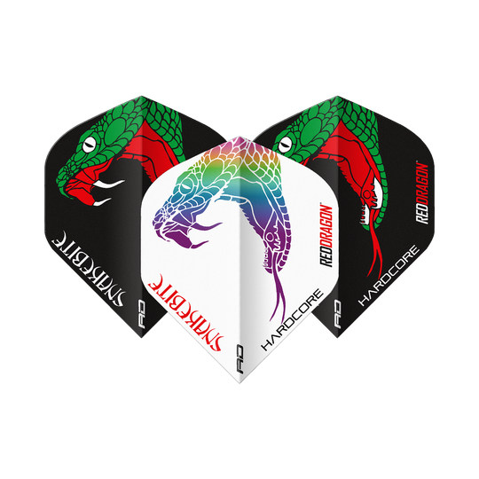 Red Dragon Peter Wright Slangenbeet Zwart Wit Yin Yang Standaardvluchten Das Bild zeigt drei Dart-Flights der Marke "Red Dragon Peter Wright Snakebite Black White Yin Yang Standard Flights". Die Flights sind in Schwarz und Weiß gestaltet und mit farbigen Schlangenmotiven verziert.