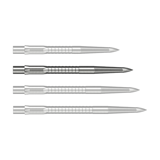 Caliburn System Steel Dart Tips - Micro Grip - Zilver Man sieht eine einzelne Caliburn Evo System Steeldartspitze Micro Grip in Silber mit einer Länge von 32 mm. Die Dartspitze ist scharf vor einem weißen Hintergrund zu erkennen.
